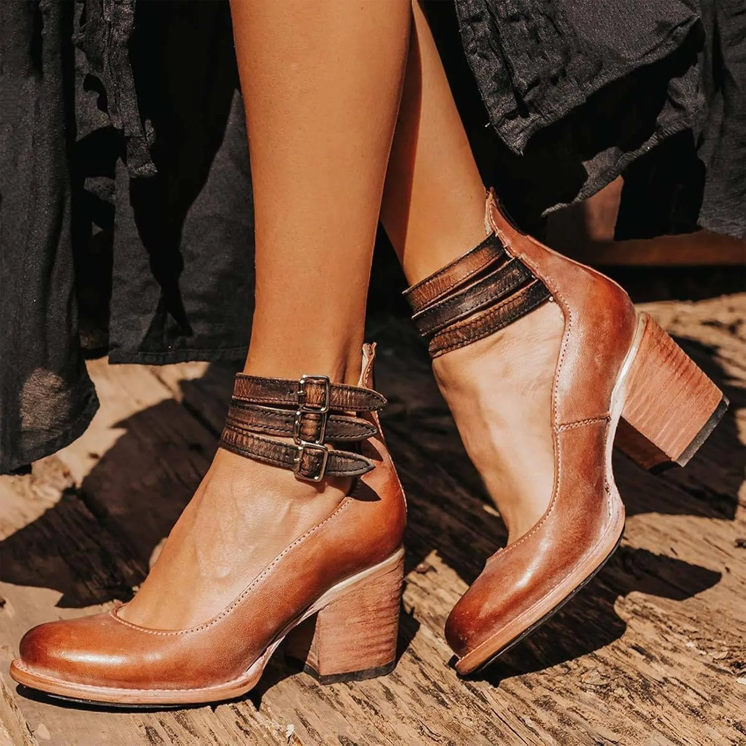 Women’s Mary Jane Pumps, Leather Ankle Strap Block Heels for Women Vintage Round Toe Chunky Pumps Adjustable Buckle Back Zipper Shoes
