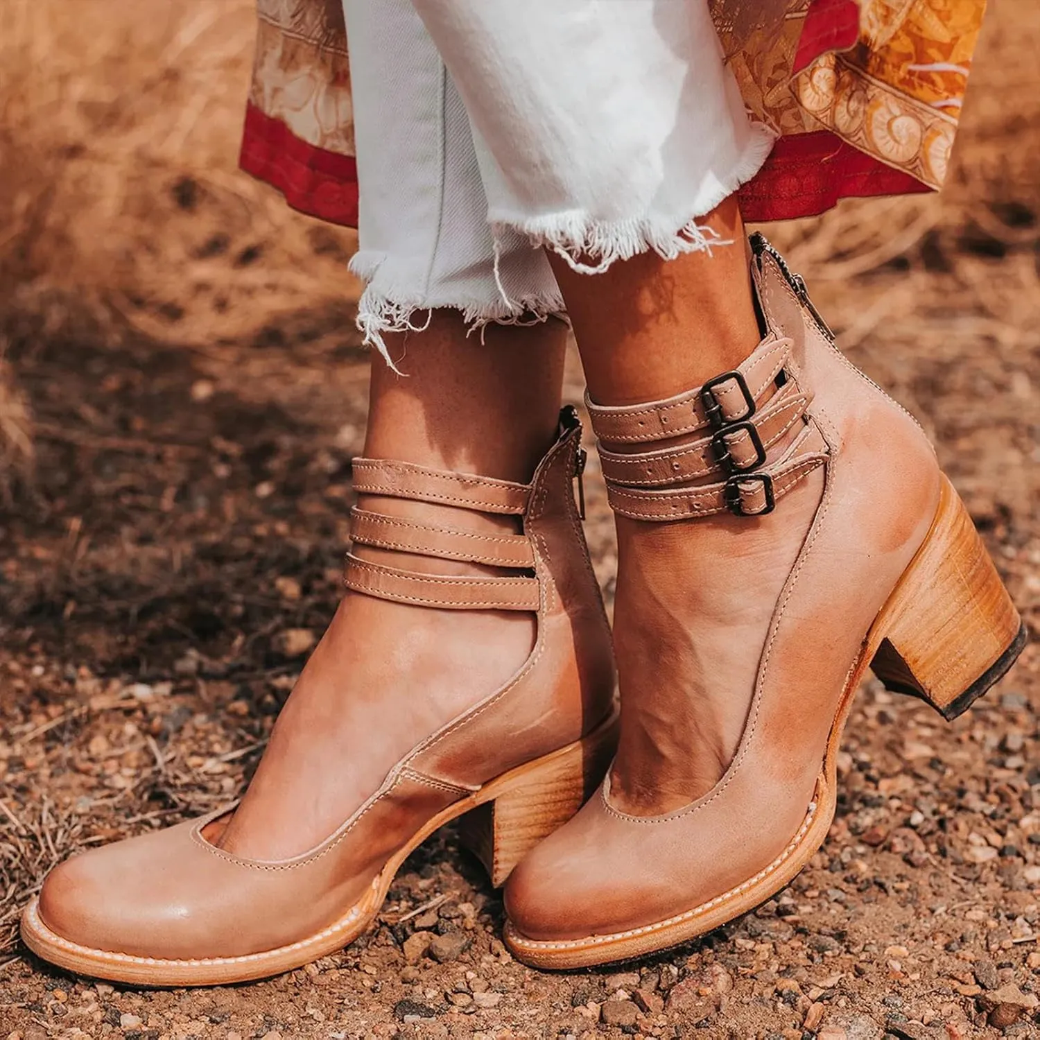 Women’s Mary Jane Pumps, Leather Ankle Strap Block Heels for Women Vintage Round Toe Chunky Pumps Adjustable Buckle Back Zipper Shoes
