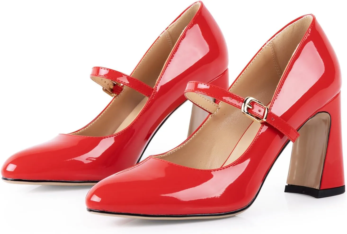 Women's Mary Jane Shoes Red Block Heel Pumps with Round Toe and Strap for Women Comfortable High Heels Dress Shoe for Work Graduation Office Bridal