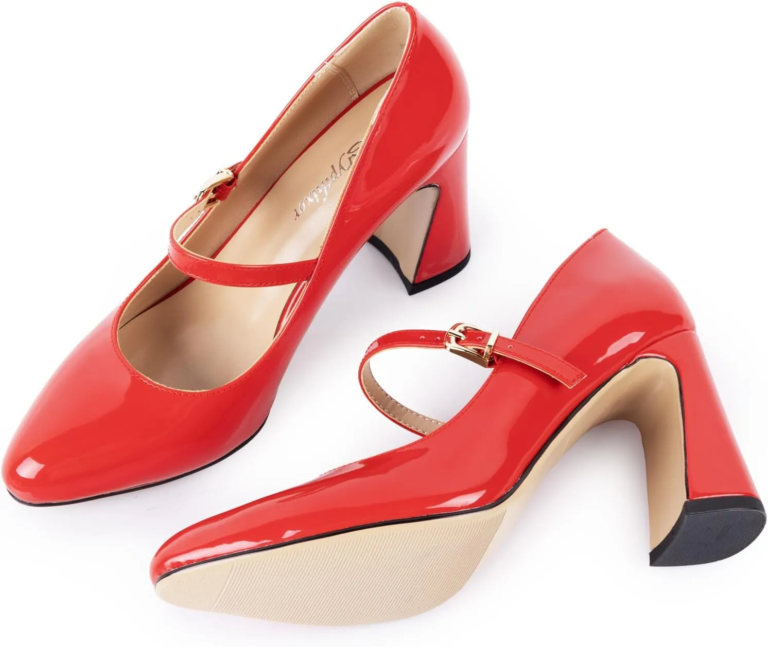 Women's Mary Jane Shoes Red Block Heel Pumps with Round Toe and Strap for Women Comfortable High Heels Dress Shoe for Work Graduation Office Bridal