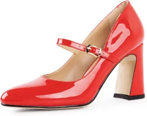 Women's Mary Jane Shoes Red Block Heel Pumps with Round Toe and Strap for Women Comfortable High Heels Dress Shoe for Work Graduation Office Bridal