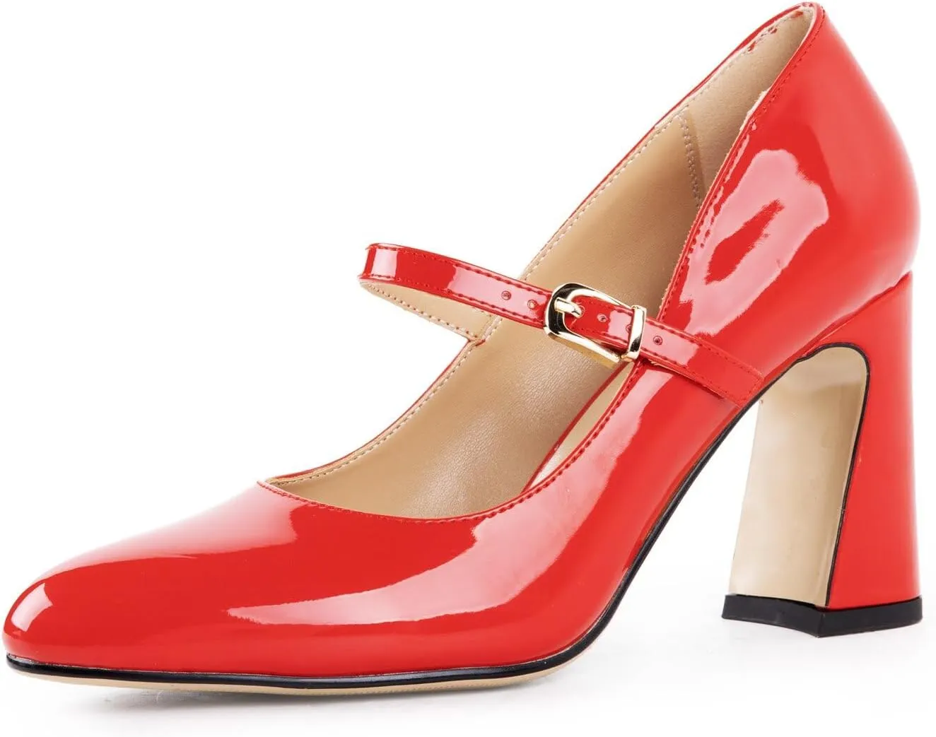 Women's Mary Jane Shoes Red Block Heel Pumps with Round Toe and Strap for Women Comfortable High Heels Dress Shoe for Work Graduation Office Bridal