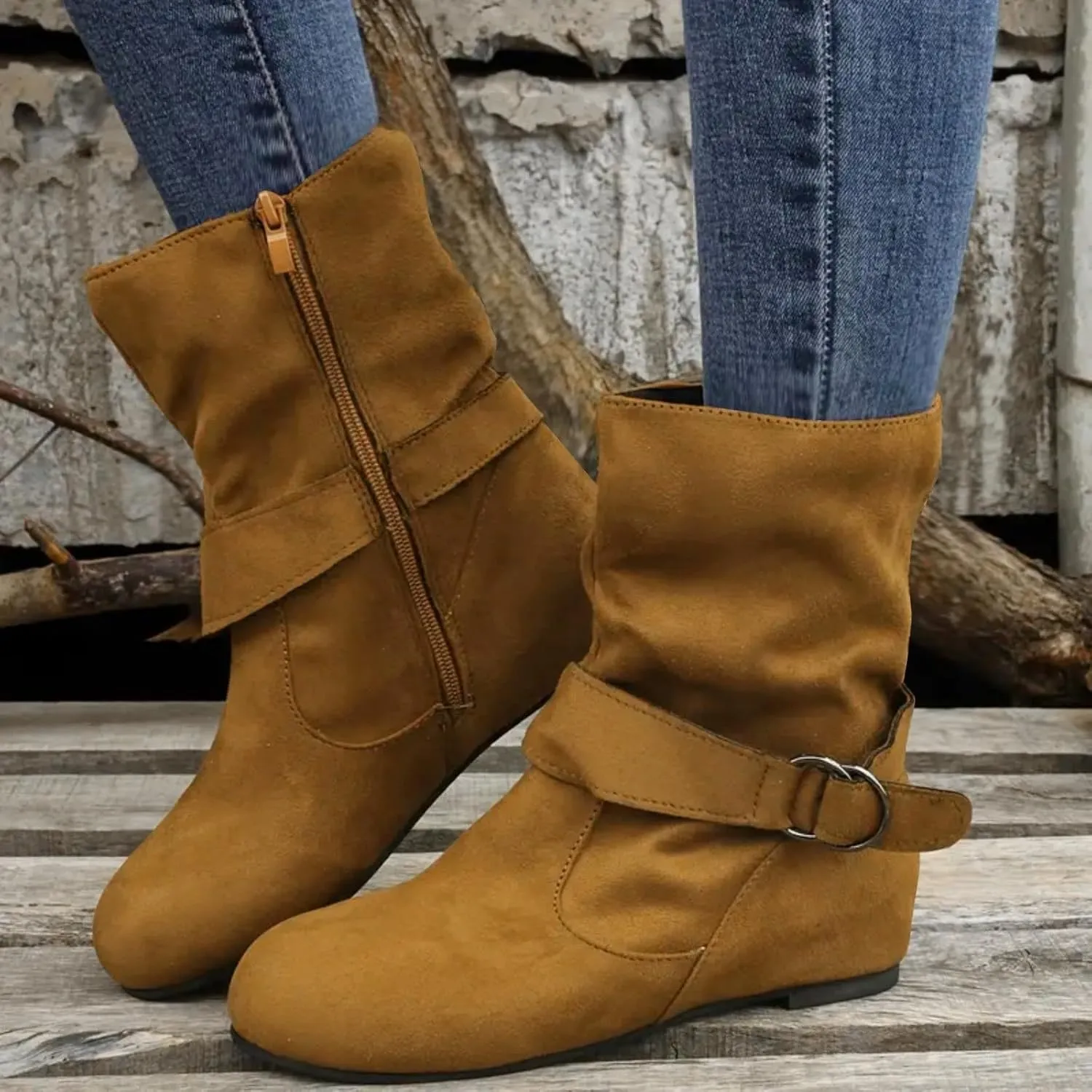 Women's Mid Calf Boots Fashion Slouchy Ruched Suede Round Toe Slip On Flats Ankle Booties Casual Winter Grey
