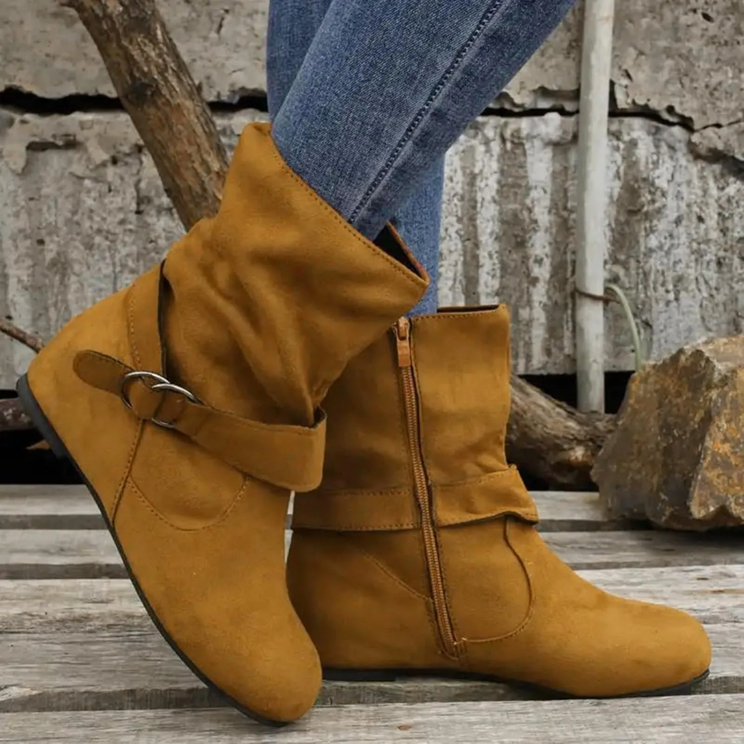 Women's Mid Calf Boots Fashion Slouchy Ruched Suede Round Toe Slip On Flats Ankle Booties Casual Winter Grey