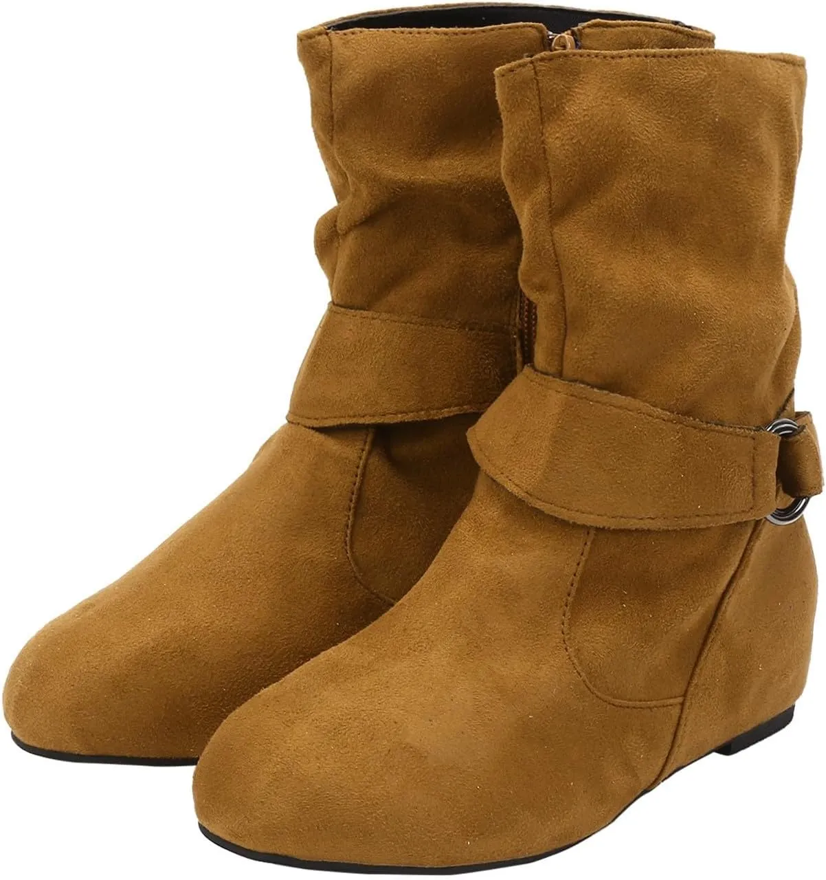 Women's Mid Calf Boots Fashion Slouchy Ruched Suede Round Toe Slip On Flats Ankle Booties Casual Winter Grey
