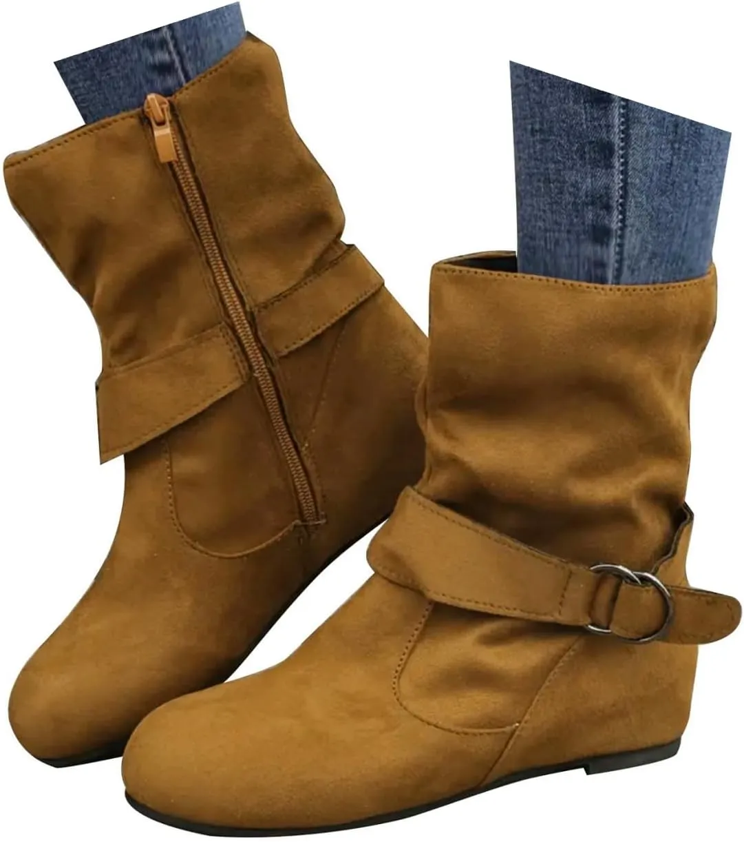 Women's Mid Calf Boots Fashion Slouchy Ruched Suede Round Toe Slip On Flats Ankle Booties Casual Winter Grey