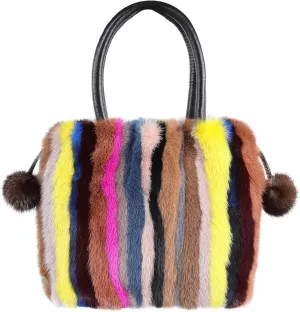 Women's Mink Fur Handbag Tote Furry Top Handle Bag Satchel Purses Multicolor
