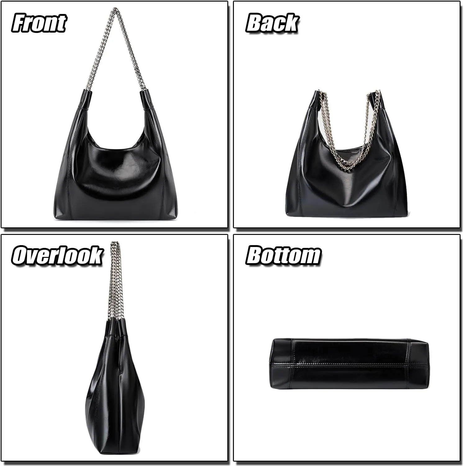 Women's Modern Minimalist Tote Bag Genuine Leather Solid Color Shoulder Bag Ladies Stylish Handbag with Chain Strap, Black