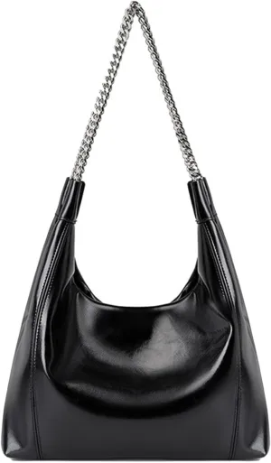 Women's Modern Minimalist Tote Bag Genuine Leather Solid Color Shoulder Bag Ladies Stylish Handbag with Chain Strap, Black