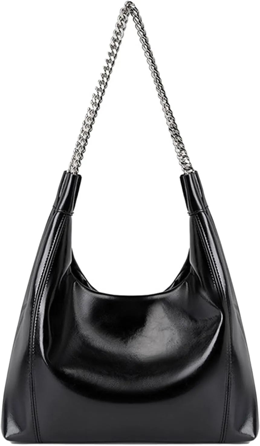 Women's Modern Minimalist Tote Bag Genuine Leather Solid Color Shoulder Bag Ladies Stylish Handbag with Chain Strap, Black