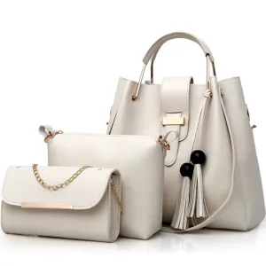 Women's Purse and Handbags 3 Pcs Bag Set PU Leather Tassel Totes Clutch Satchels Top Handle Shoulder Crossbody Bags Pack Beige