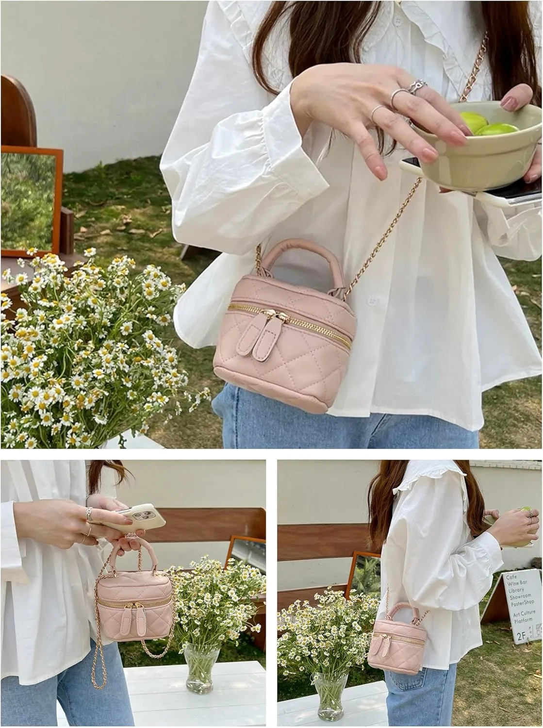 Women's Quilted Square Pocket Fashion Mini Zipper Closure Handbag Cute Top Small Handle Purse