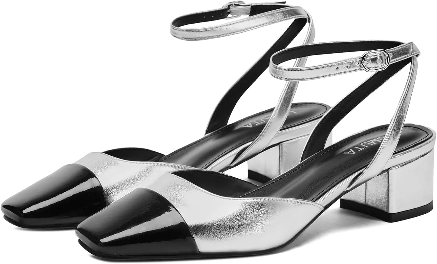 Women's Slingback Pumps Chunky Heels Sexy Splicing Square Closed Heels with Adjustable Ankle Strap Dress Shoes for Office Casual Party Dress Shoes