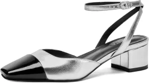 Women's Slingback Pumps Chunky Heels Sexy Splicing Square Closed Heels with Adjustable Ankle Strap Dress Shoes for Office Casual Party Dress Shoes