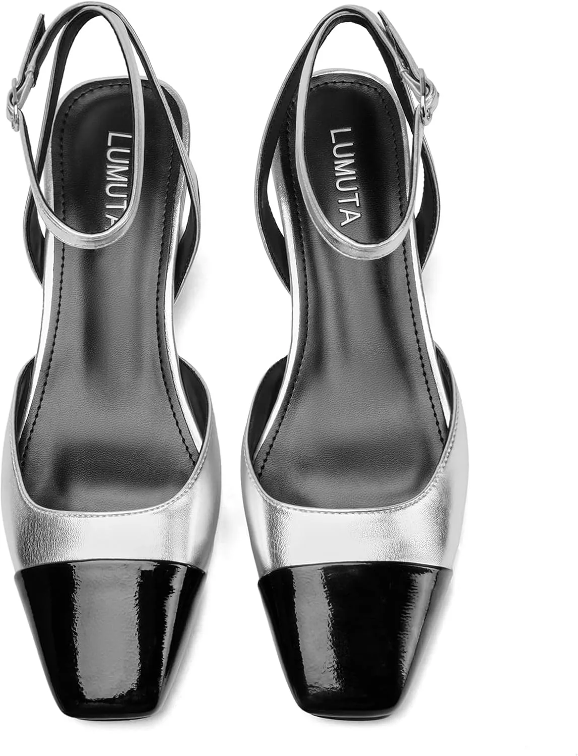 Women's Slingback Pumps Chunky Heels Sexy Splicing Square Closed Heels with Adjustable Ankle Strap Dress Shoes for Office Casual Party Dress Shoes