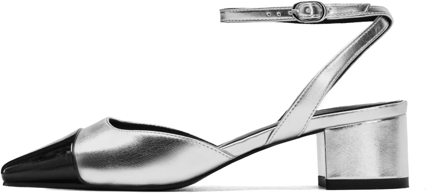 Women's Slingback Pumps Chunky Heels Sexy Splicing Square Closed Heels with Adjustable Ankle Strap Dress Shoes for Office Casual Party Dress Shoes