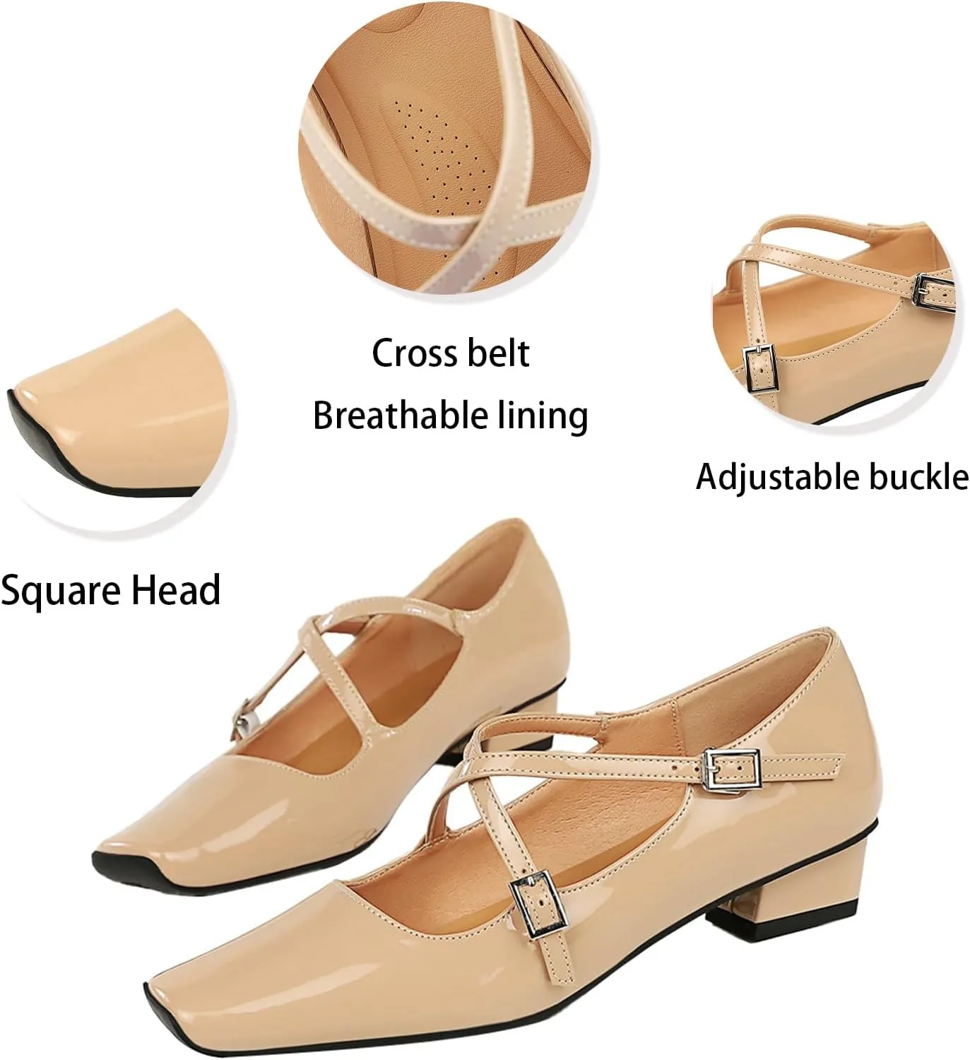 Women's Square Toe Low Chunky Heel Mary Janes with Adjustable Buckle Retro Vintage-Inspired Cross Strap Buckle Block Heel Office Comfort Pumps for Wedding Party Casual