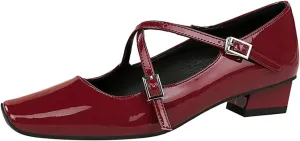 Women's Square Toe Low Chunky Heel Mary Janes with Adjustable Buckle Retro Vintage-Inspired Cross Strap Buckle Block Heel Office Comfort Pumps for Wedding Party Casual