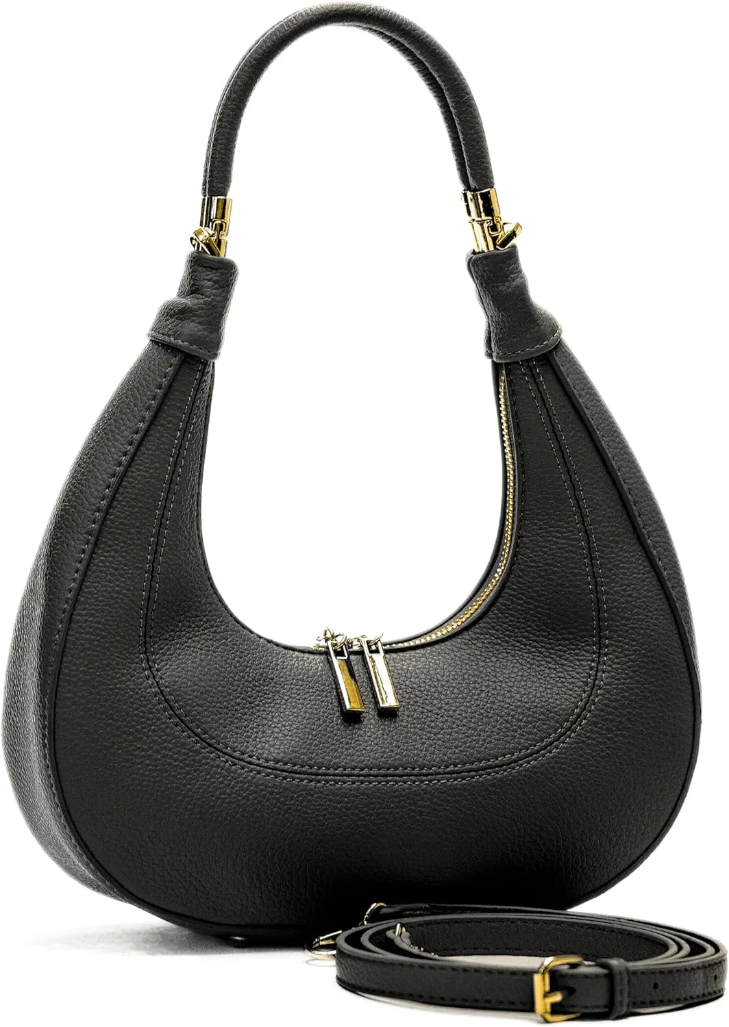Women's Structured Faux Leather Half Moon Shoulder Bag with Top Handle and Long Strap – Selene
