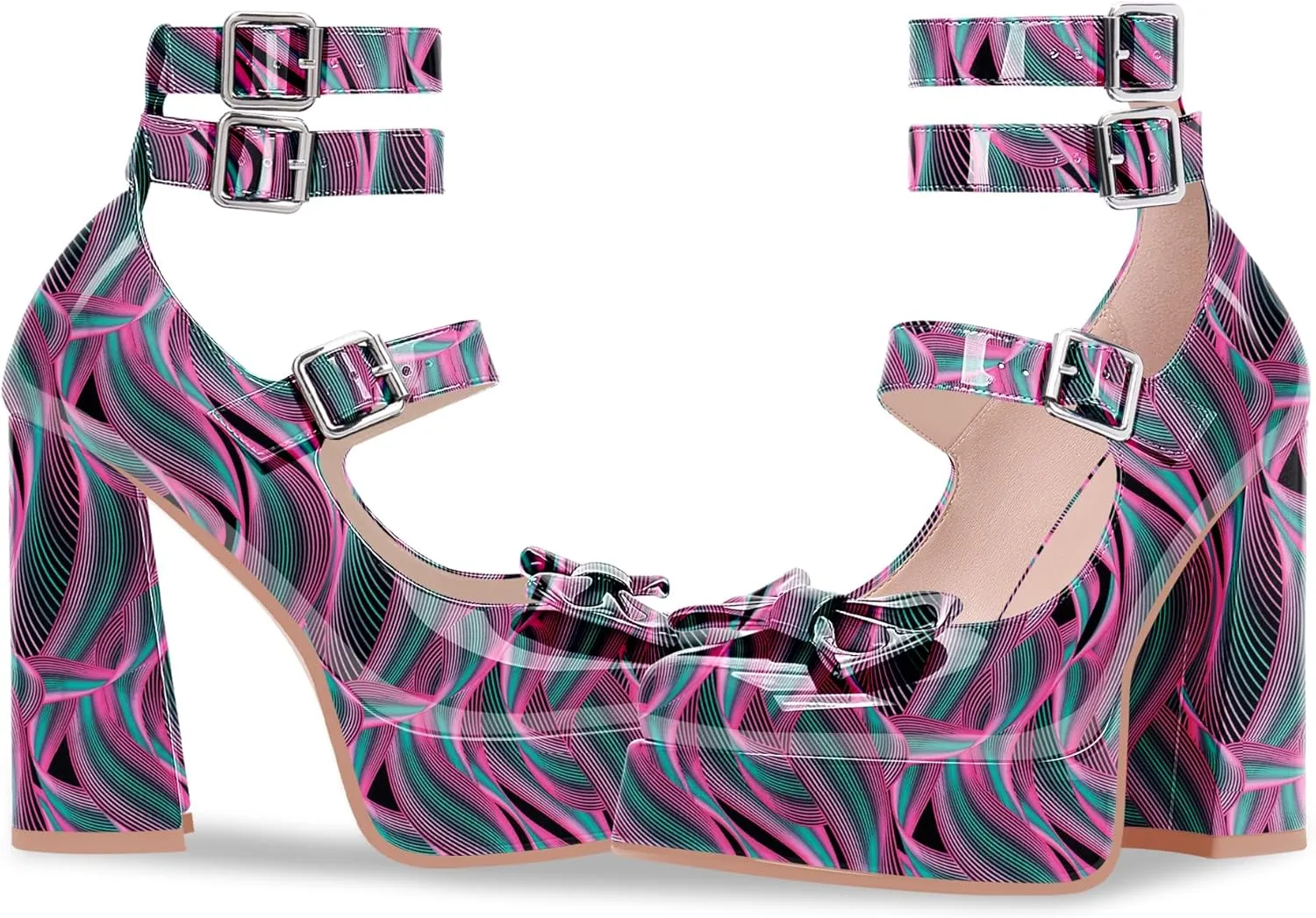 Women's Sweet Bow Platform Mary Jane Pumps Ankle Strap Closed Toe Patent Leather Block High Heels Goth Shoes