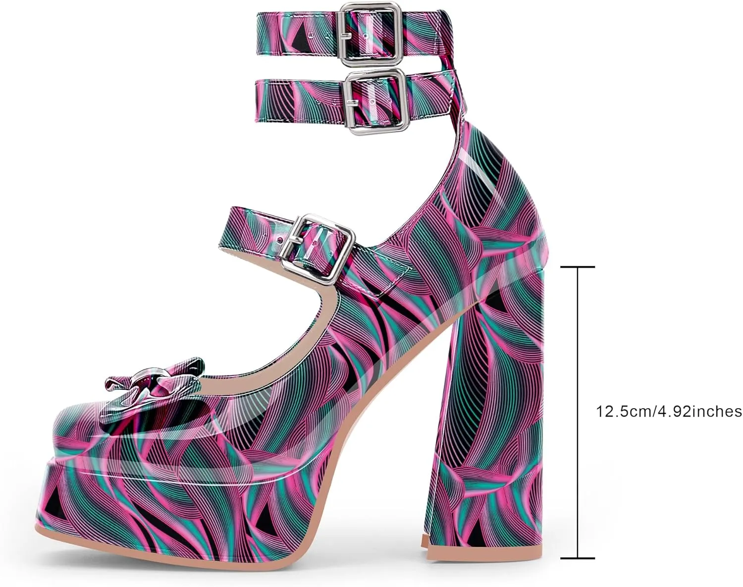 Women's Sweet Bow Platform Mary Jane Pumps Ankle Strap Closed Toe Patent Leather Block High Heels Goth Shoes