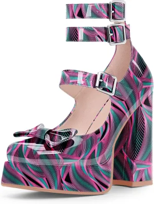 Women's Sweet Bow Platform Mary Jane Pumps Ankle Strap Closed Toe Patent Leather Block High Heels Goth Shoes