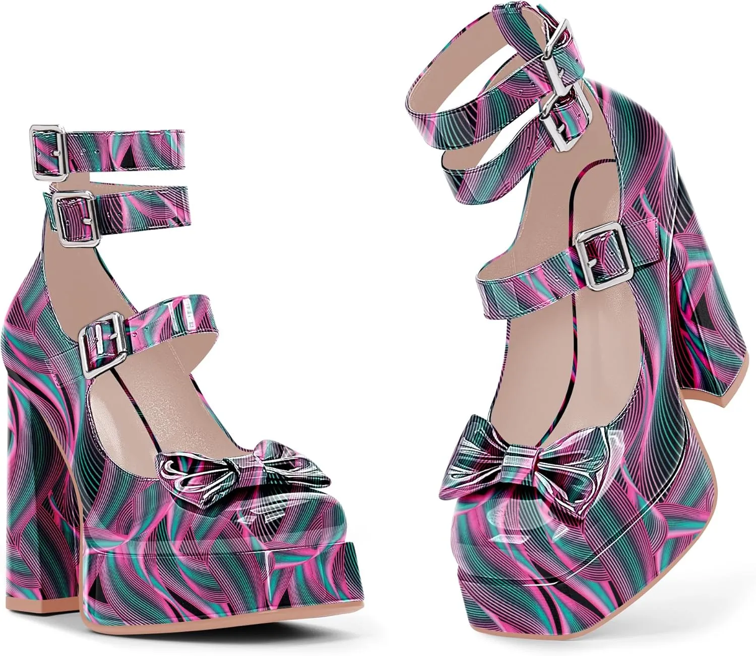 Women's Sweet Bow Platform Mary Jane Pumps Ankle Strap Closed Toe Patent Leather Block High Heels Goth Shoes