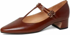 Womens T-Strap Mary Janes Leather Pumps, Retro Glossy Pointed Toe with Adjustable Buckle Mid Chunky Heel Dress Shoes