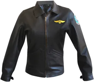 Womens Top Kelly McGillis Aviator Charlie Charlotte Blackwood Pilot Black Leather Bomber Jacket