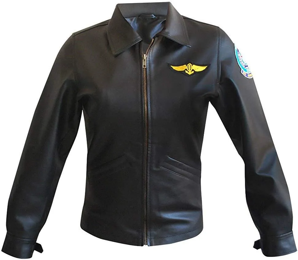 Womens Top Kelly McGillis Aviator Charlie Charlotte Blackwood Pilot Black Leather Bomber Jacket