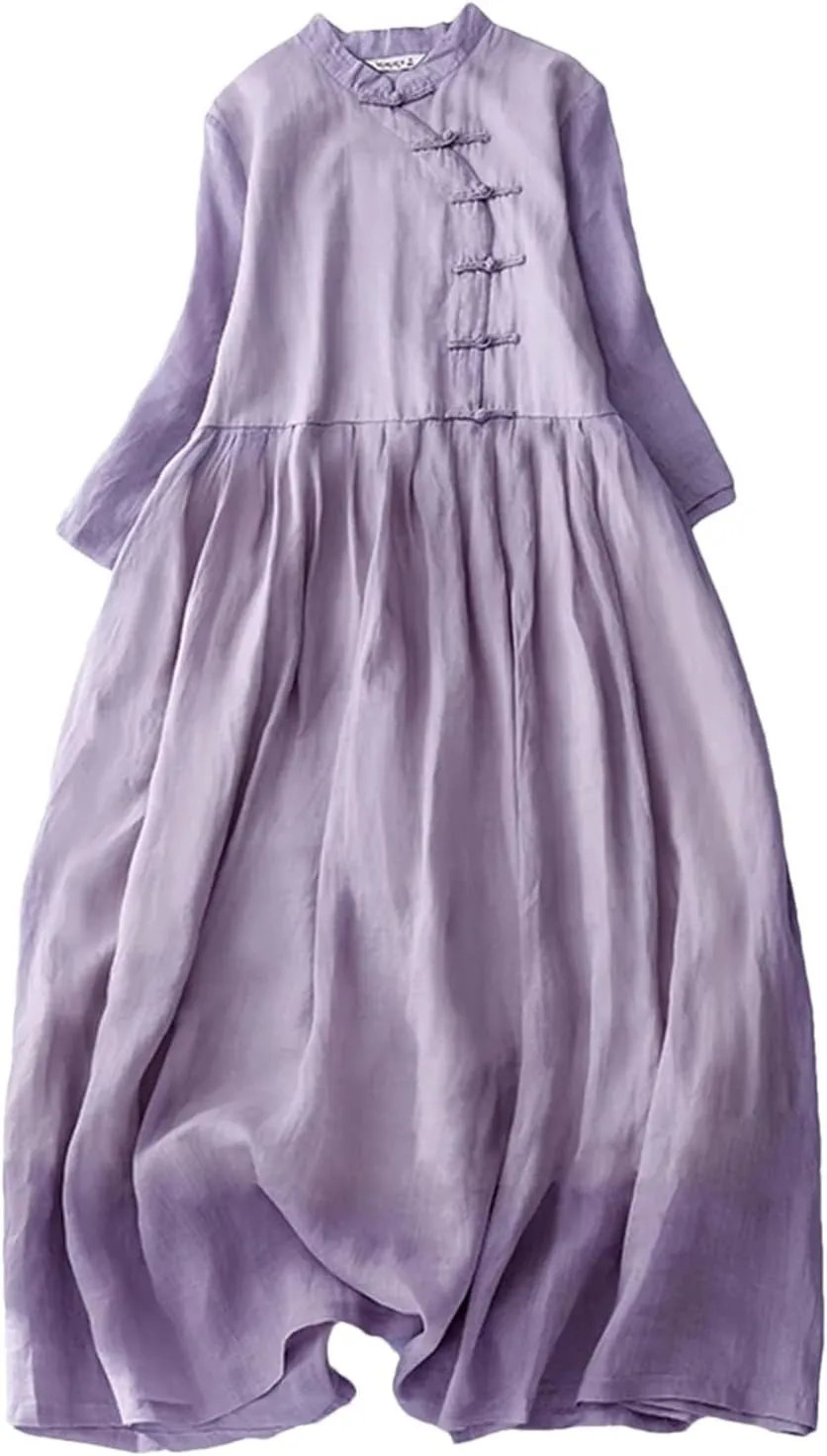 Women's Vintage Chinese Style Dress Casual Stand Collar Buckle Office Work Travel Dresses