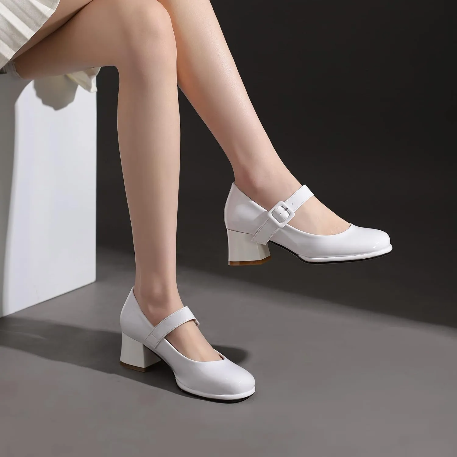 Women's Vintage Patent Leather Block Mary Jane Heels, Retro Chunky Platform Work Mary Janes Pumps, Ankle Strap Mary Jane Shoes
