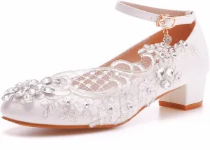 Women's Wedding Shoes, 3 Cm White Bridal Dress Shoes Lace Flower Rhinestone Square Heel Round Toes Ankle Buckle Comfortable Casual Shoes, 36 EU,White