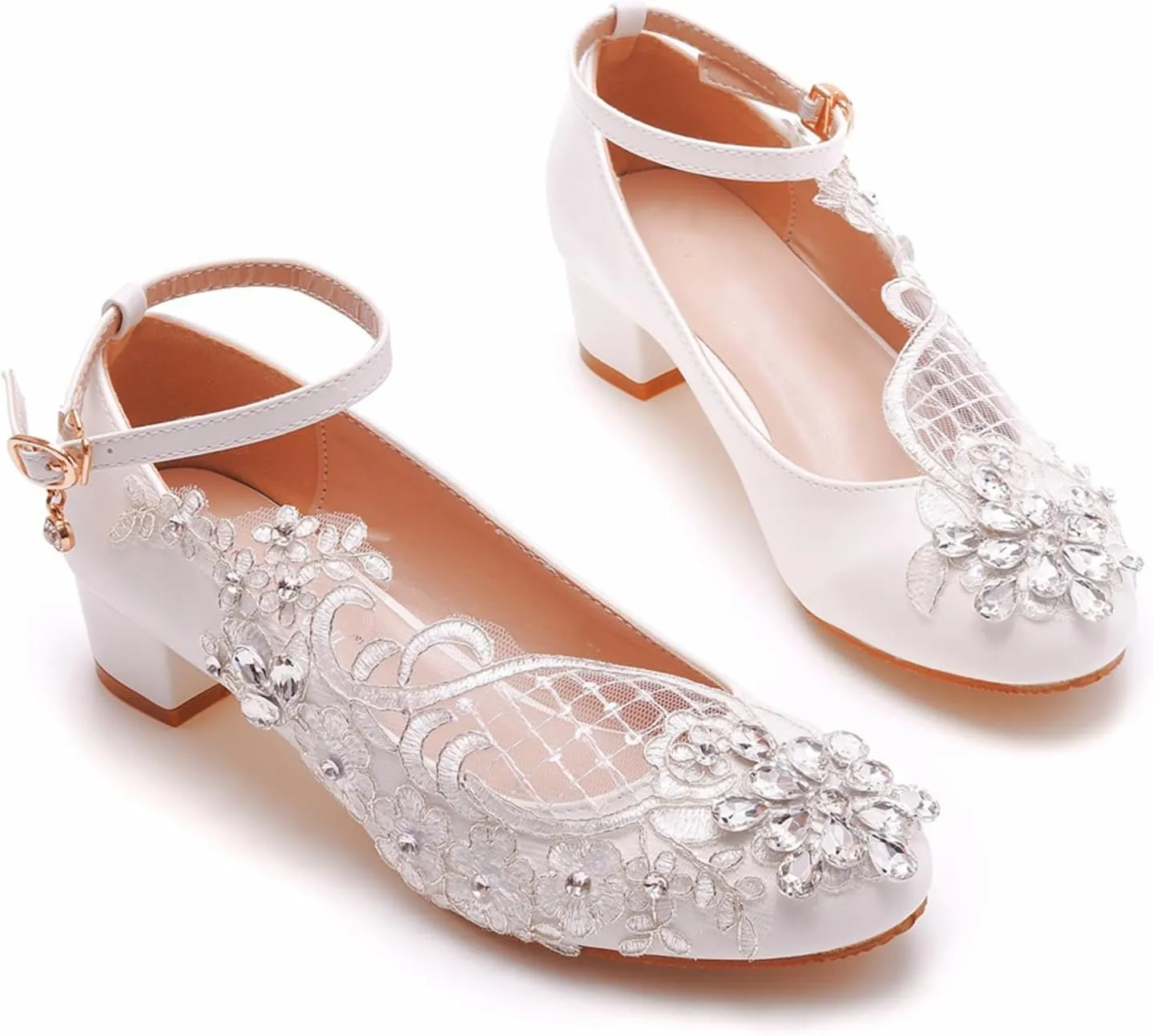 Women's Wedding Shoes, 3 Cm White Bridal Dress Shoes Lace Flower Rhinestone Square Heel Round Toes Ankle Buckle Comfortable Casual Shoes, 36 EU,White