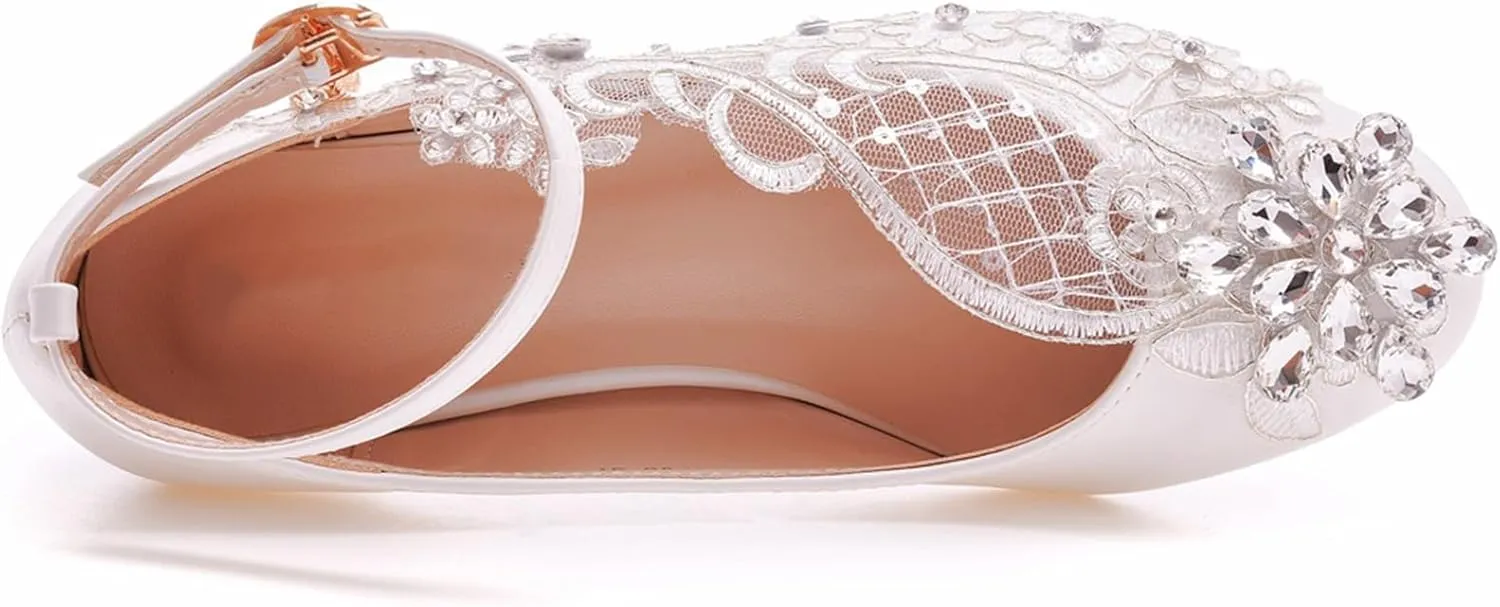 Women's Wedding Shoes, 3 Cm White Bridal Dress Shoes Lace Flower Rhinestone Square Heel Round Toes Ankle Buckle Comfortable Casual Shoes, 36 EU,White