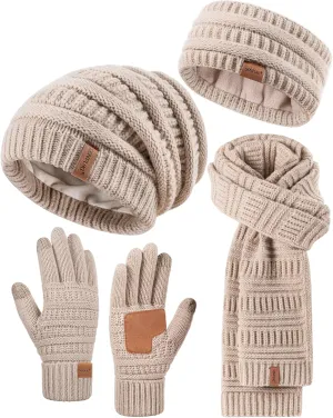 Womens Winter Beanie Hat Scarf Gloves Headband Set, Slouchy Beanie Ear Warmer Knit Scarf Touchscreen Gloves Warm 4 Gift Set