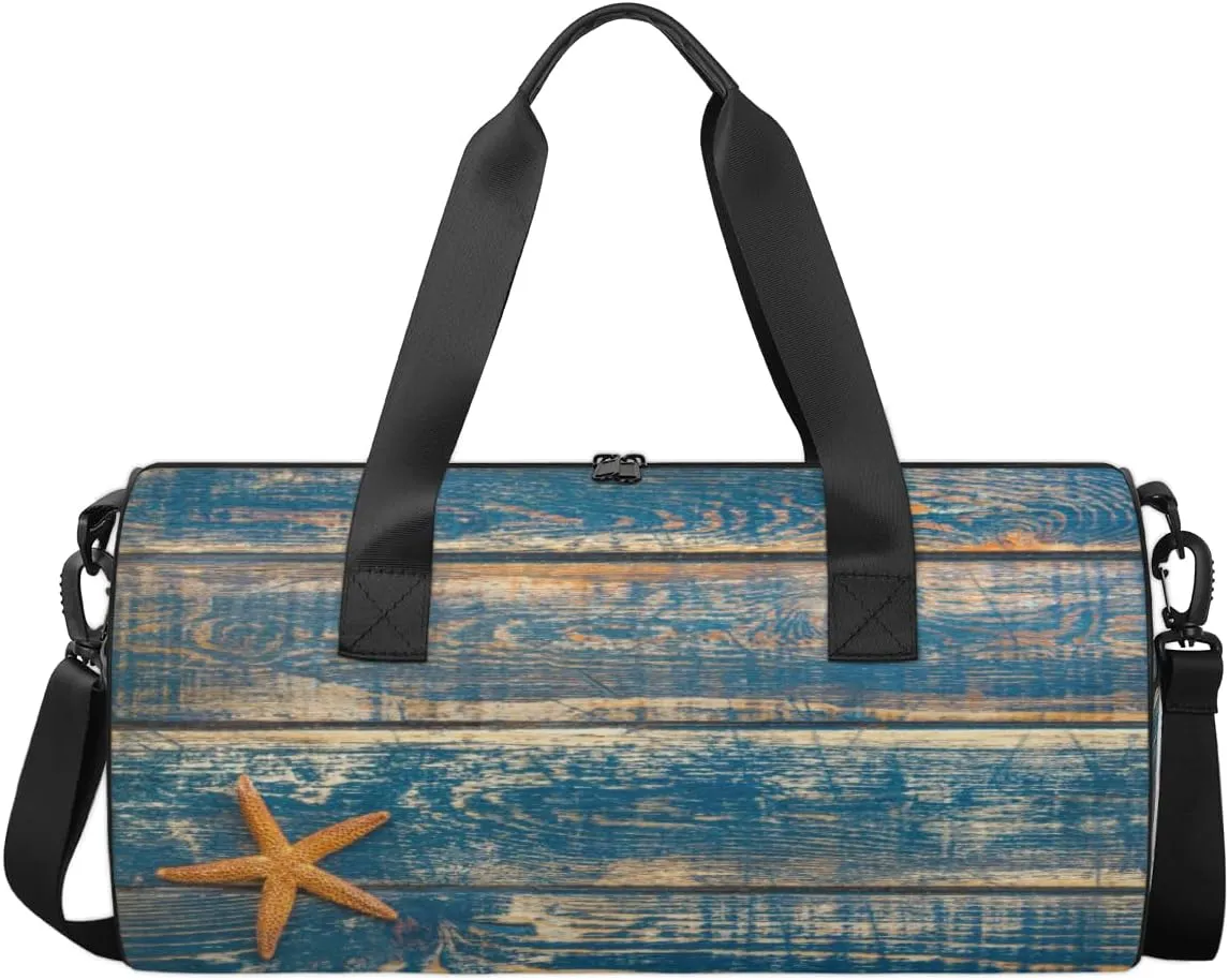Wooden Starfish Sports Duffel Bag, Gym Tote Bag Waterproof Weekender Travel Bag for Overnight Travel Luggage Workout Women Men