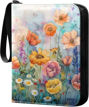 xigua Colorful Herbal Wildflower Card Binder 4-Pockets, Trading Card Binder 400 Pockets Baseball Card Binder Waterproof PU Leather Card Collection Binder for Games Card Album Card