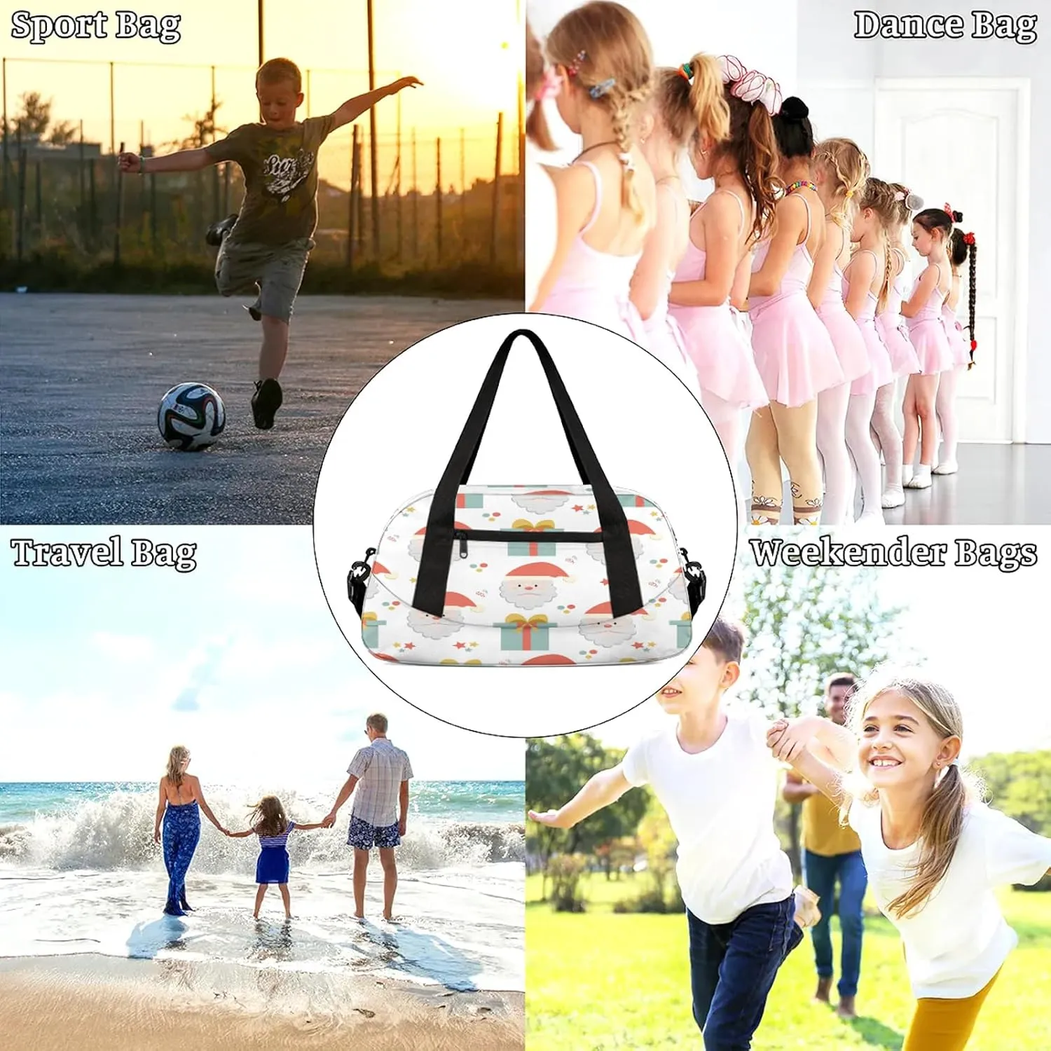 Xmas Santa Claus Kids Duffel Bag Lightweight Waterproof Sports Gym Bag with Front Zipper Pocket Foldable Weekender Overnight Bag for School Practice Gymnastic Ballet