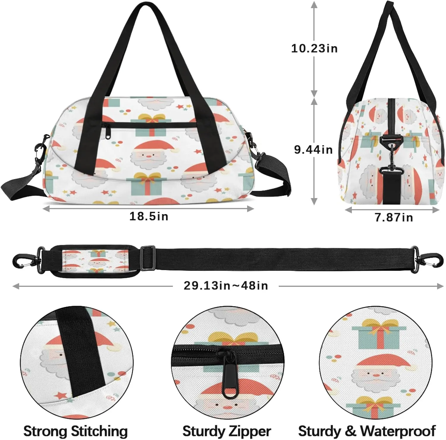 Xmas Santa Claus Kids Duffel Bag Lightweight Waterproof Sports Gym Bag with Front Zipper Pocket Foldable Weekender Overnight Bag for School Practice Gymnastic Ballet