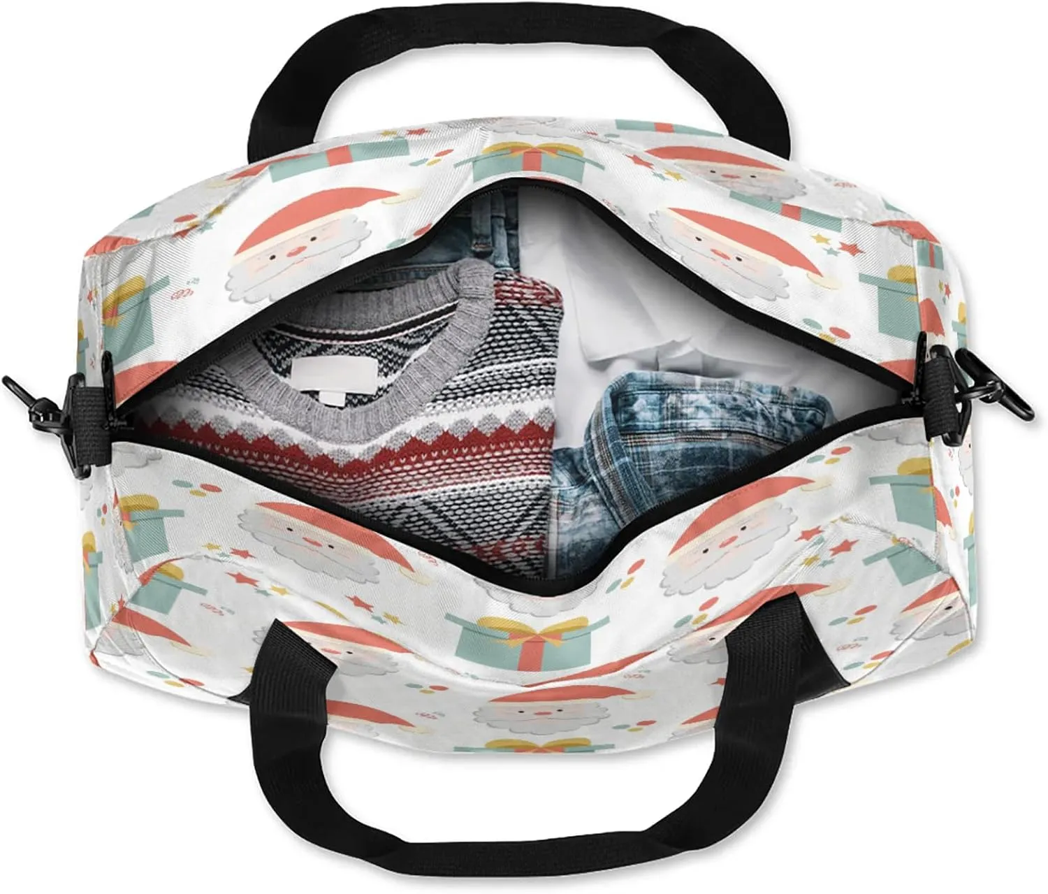 Xmas Santa Claus Kids Duffel Bag Lightweight Waterproof Sports Gym Bag with Front Zipper Pocket Foldable Weekender Overnight Bag for School Practice Gymnastic Ballet