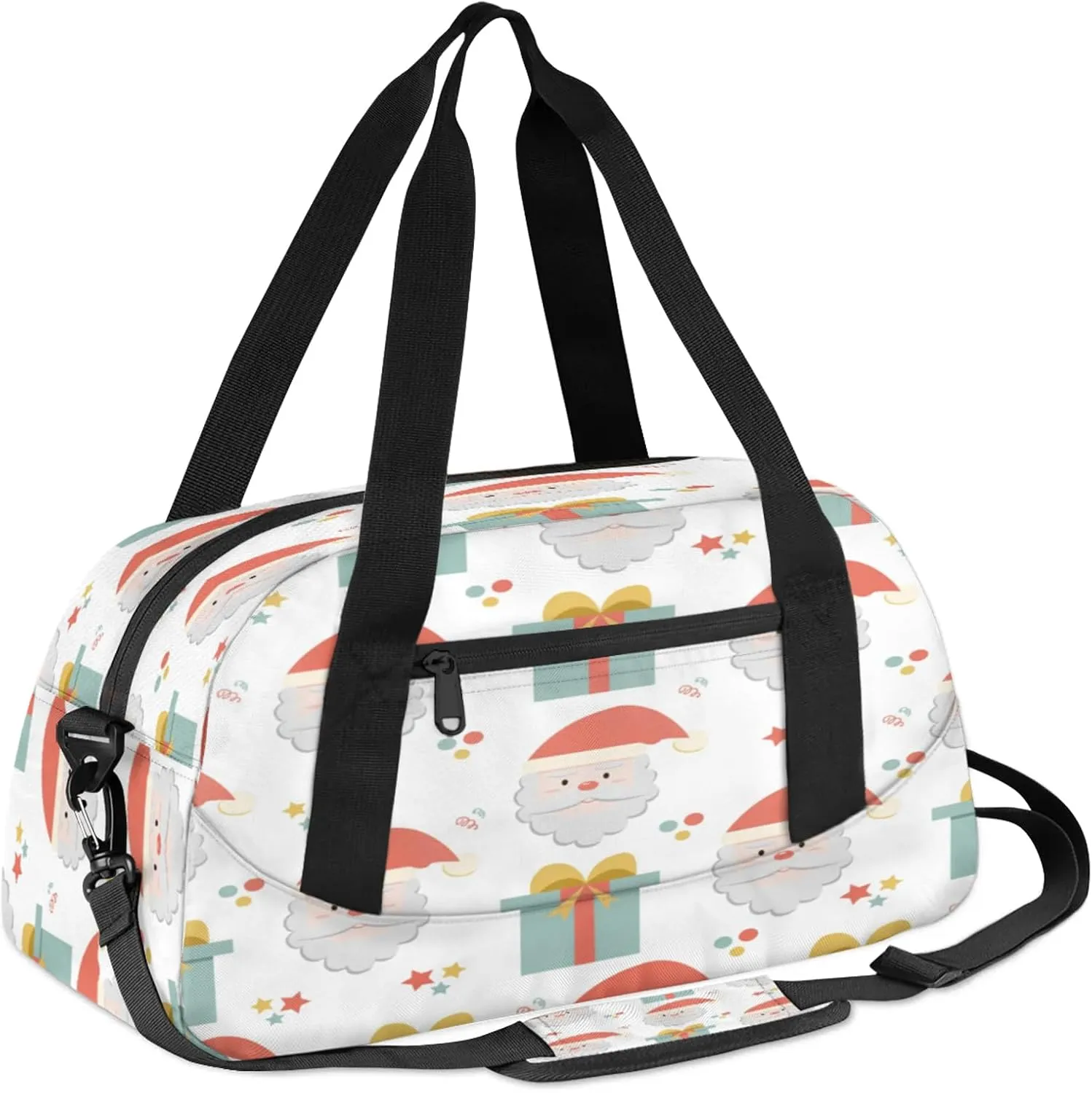 Xmas Santa Claus Kids Duffel Bag Lightweight Waterproof Sports Gym Bag with Front Zipper Pocket Foldable Weekender Overnight Bag for School Practice Gymnastic Ballet