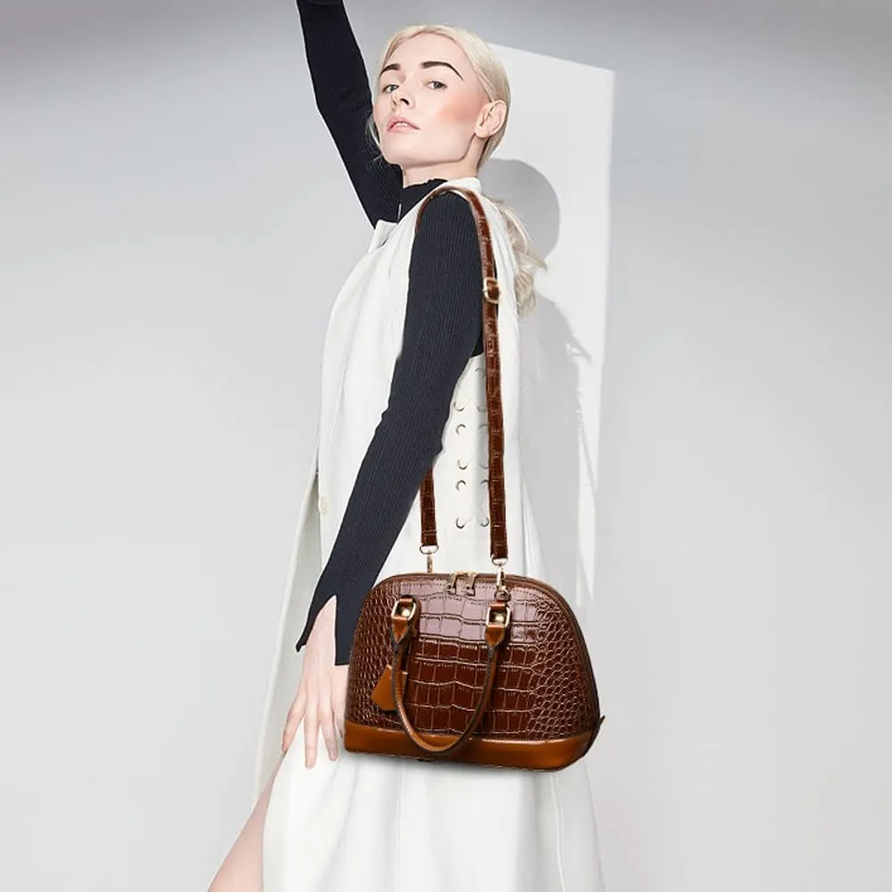 XXGJOALD-Classic Dome Satchel Bag for Women Top Handle Handbags Crocodile Pattern Faux Leather Purse Crossbody Shoulder Bag