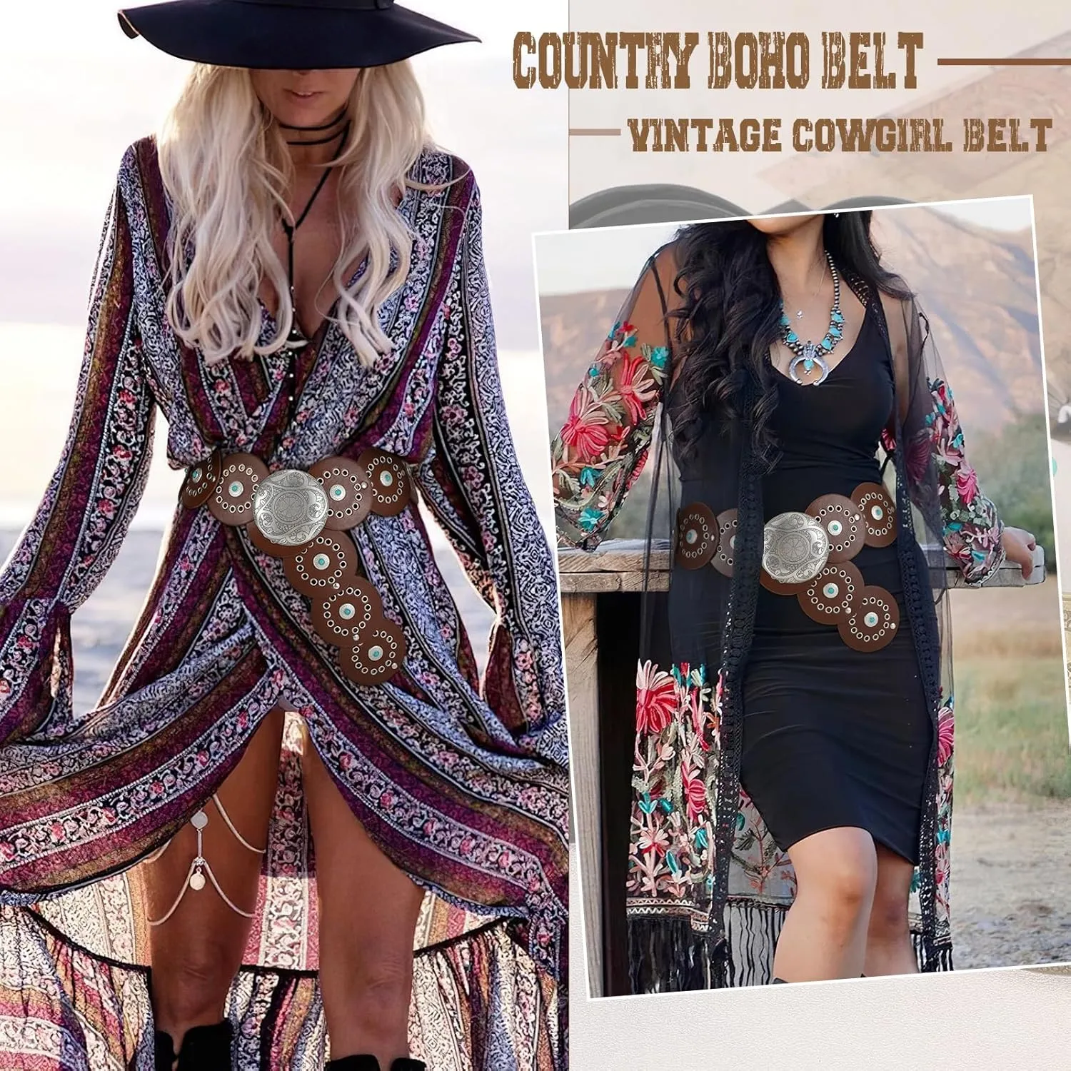 XZQTIVE Western PU Leather Belts for Woman Concho Cowgirl Cowboy Disc Belt for Ladies Wide Boho Country Waist Belts for Dress
