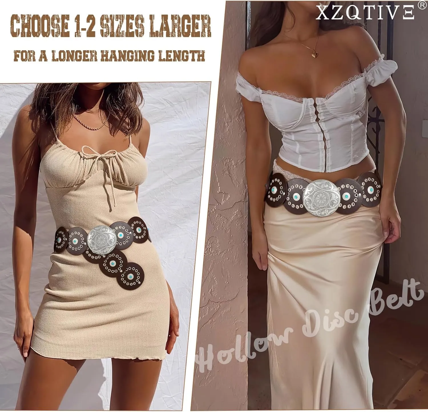 XZQTIVE Western PU Leather Belts for Woman Concho Cowgirl Cowboy Disc Belt for Ladies Wide Boho Country Waist Belts for Dress
