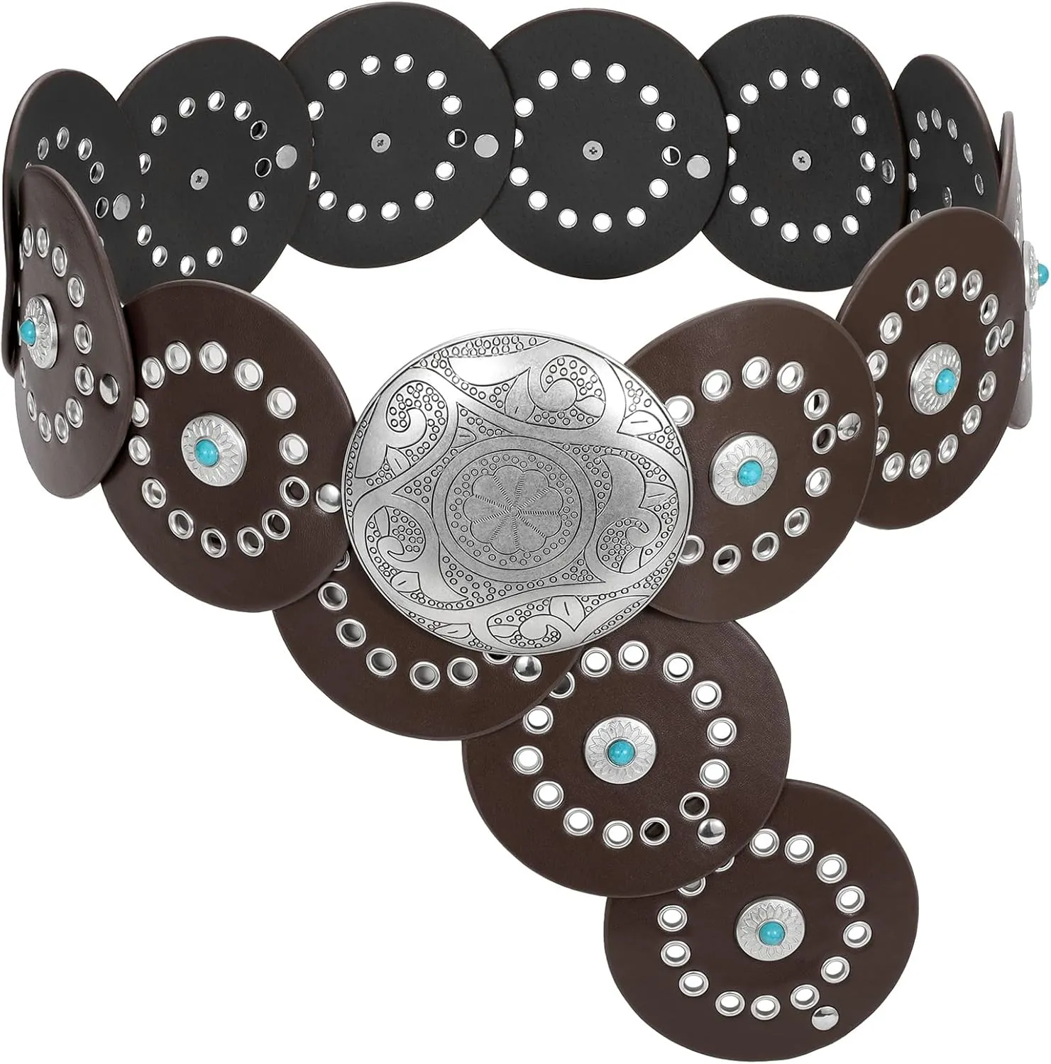 XZQTIVE Western PU Leather Belts for Woman Concho Cowgirl Cowboy Disc Belt for Ladies Wide Boho Country Waist Belts for Dress