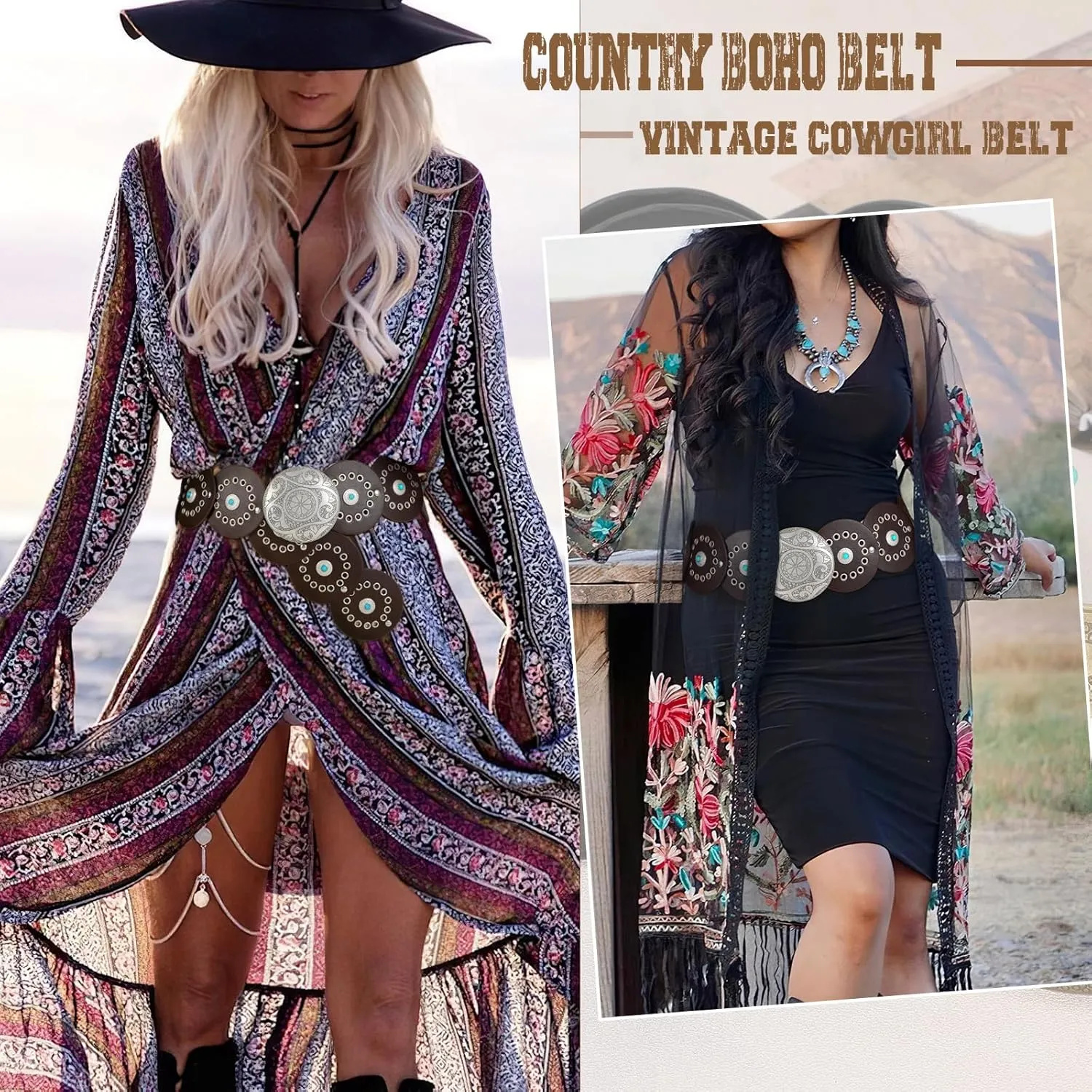 XZQTIVE Western PU Leather Belts for Woman Concho Cowgirl Cowboy Disc Belt for Ladies Wide Boho Country Waist Belts for Dress