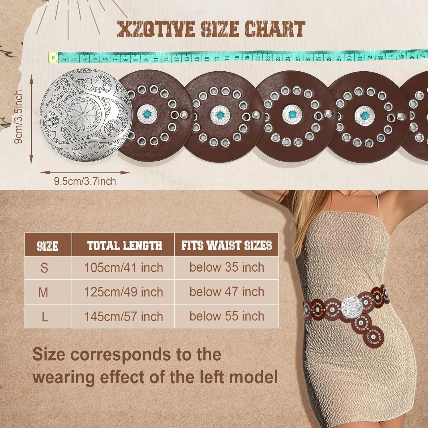 XZQTIVE Western PU Leather Belts for Woman Concho Cowgirl Cowboy Disc Belt for Ladies Wide Boho Country Waist Belts for Dress
