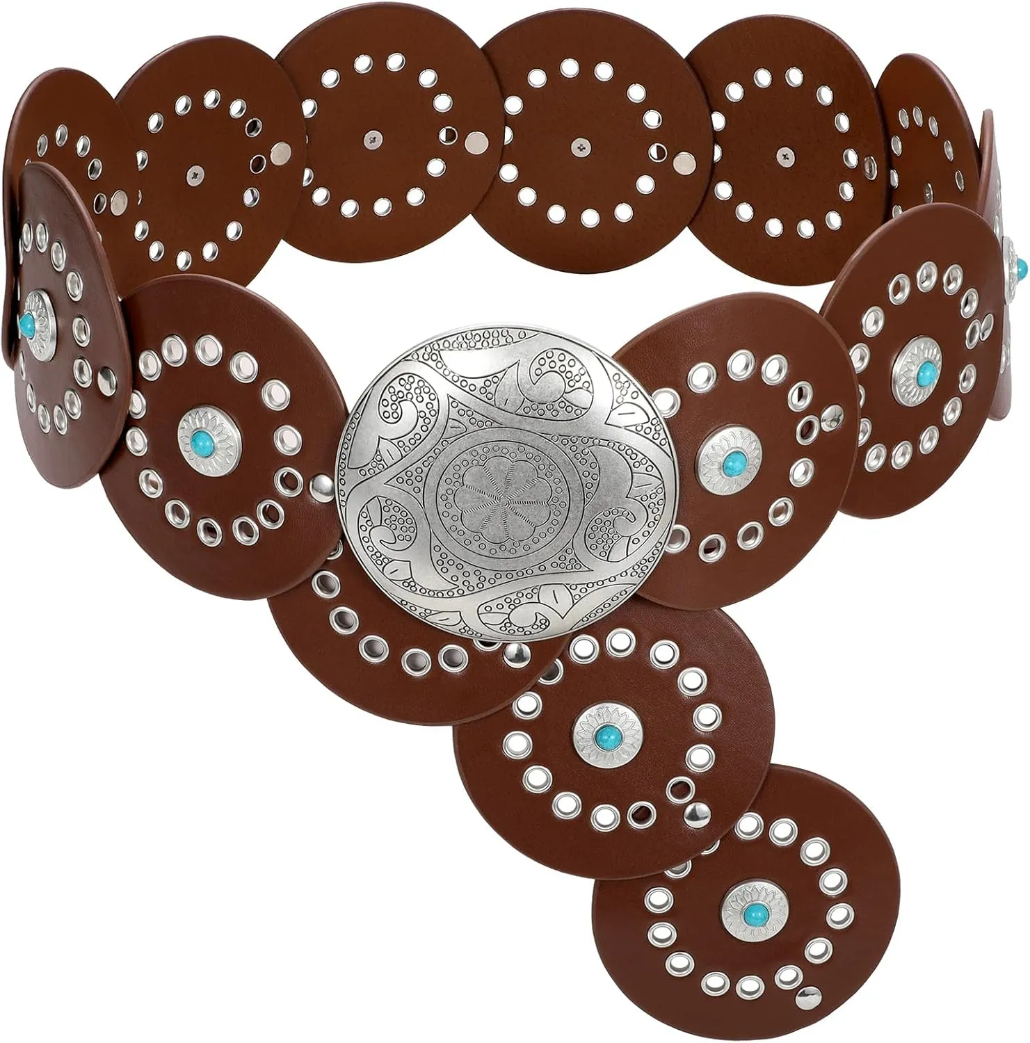 XZQTIVE Western PU Leather Belts for Woman Concho Cowgirl Cowboy Disc Belt for Ladies Wide Boho Country Waist Belts for Dress