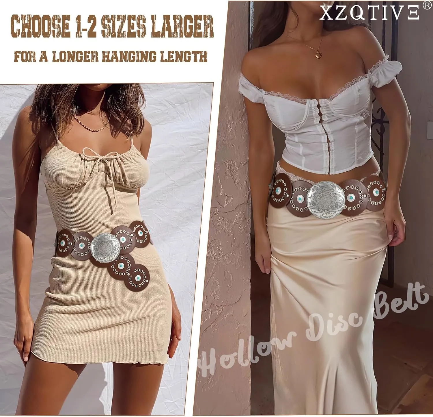 XZQTIVE Western PU Leather Belts for Woman Concho Cowgirl Cowboy Disc Belt for Ladies Wide Boho Country Waist Belts for Dress